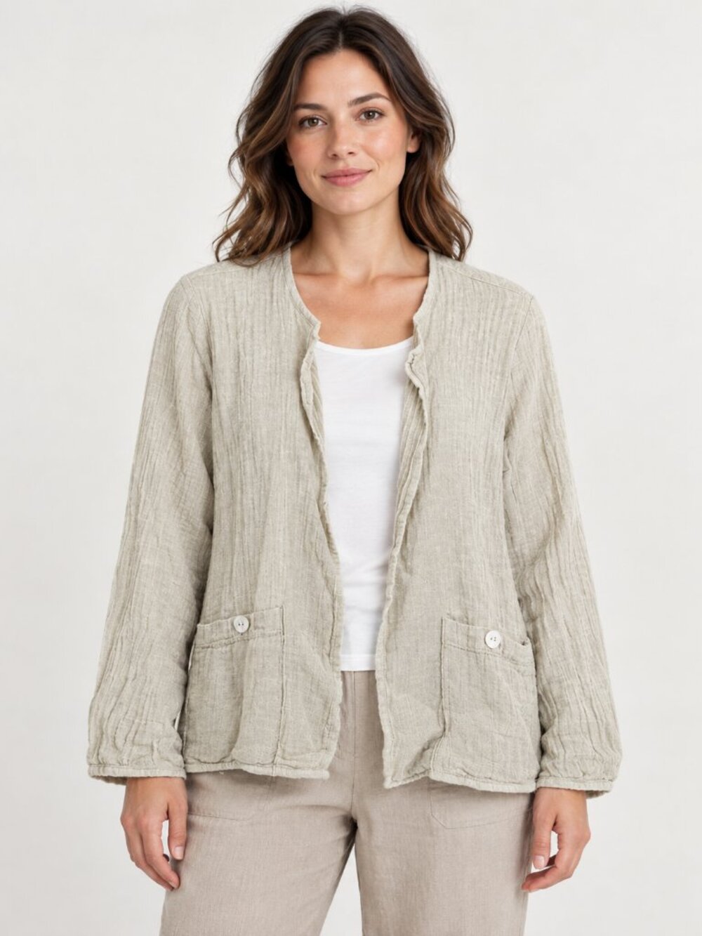 Adrienne Vittadini Jacket Women Large Beige Linen Cotton Open Front Pocket P4064